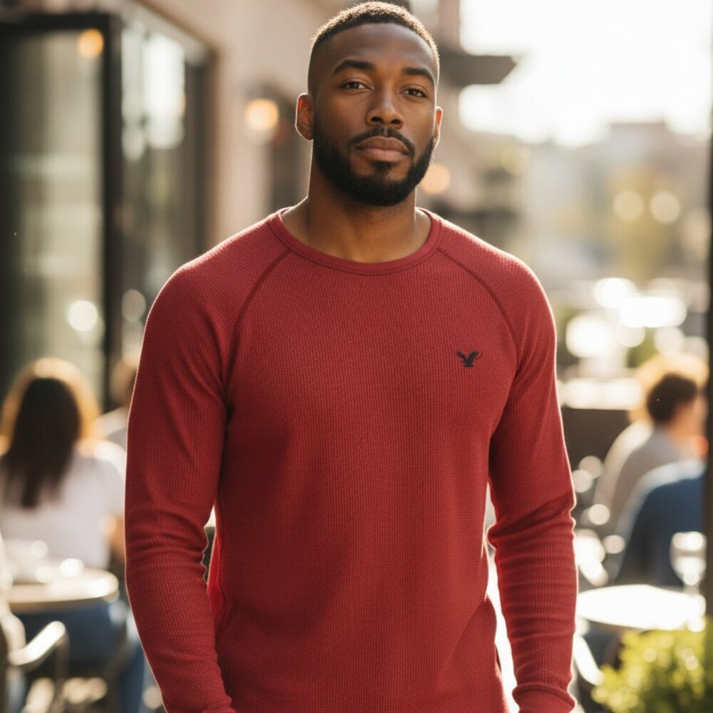 American Eagle Outfitters Men's Waffle Knit Thermal Top Pullover red size XL